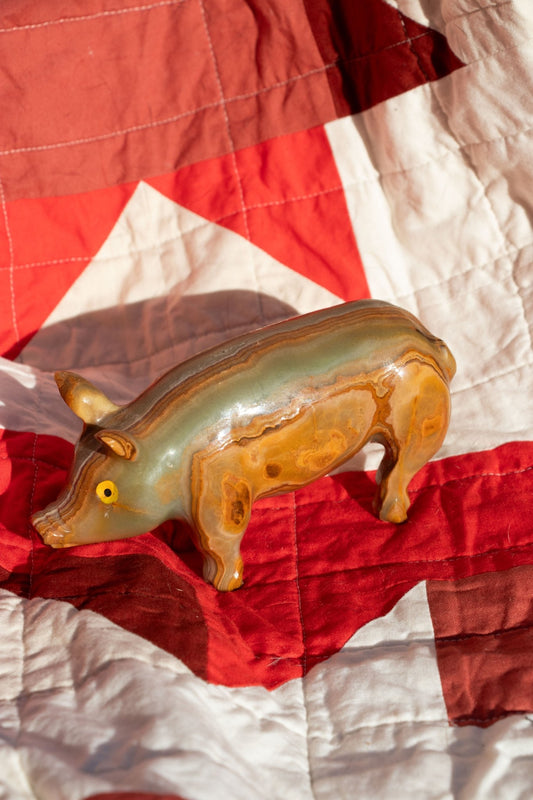 Decor - Vintage Onyx Carved Piggy Statue - Lettuce Goods