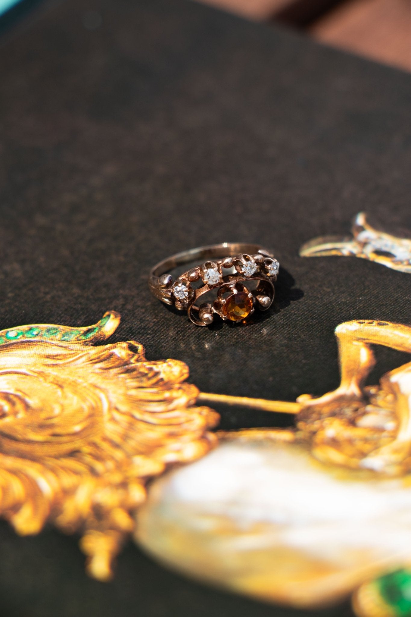 Ring - Antique 14k Citrine and Old Mine Cut Diamond Ring - LETTUCE STUDIOS