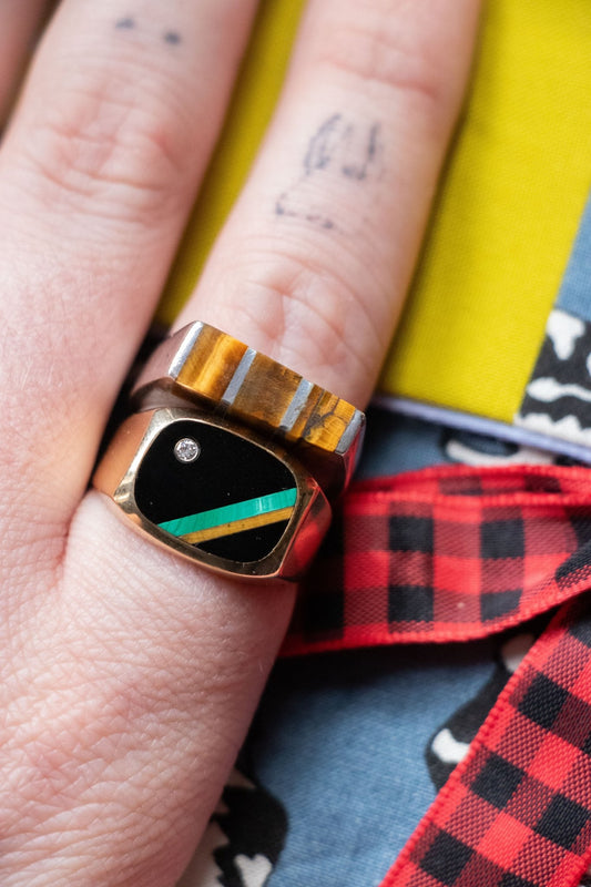 Ring - Vintage 10k Onyx, Malachite, Tiger’s Eye & Diamond Ring - Lettuce Goods