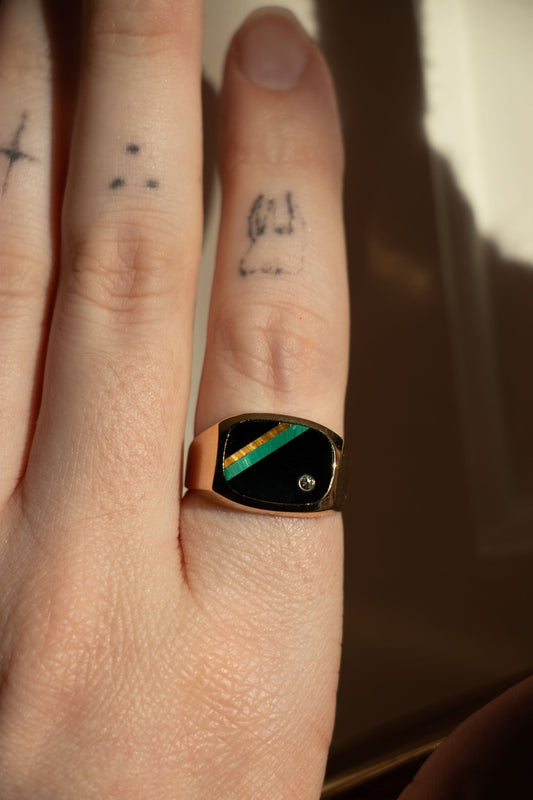 Ring - Vintage 10k Onyx, Malachite, Tiger’s Eye & Diamond Ring - Lettuce Goods