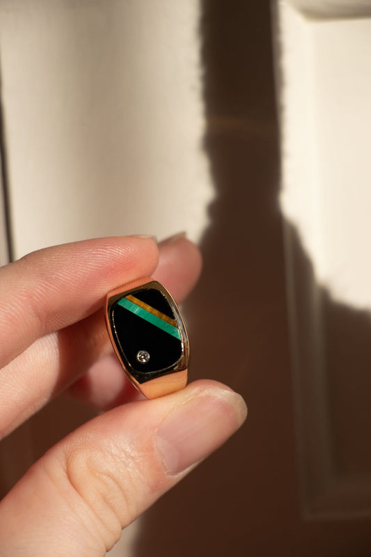 Ring - Vintage 10k Onyx, Malachite, Tiger’s Eye & Diamond Ring - Lettuce Goods
